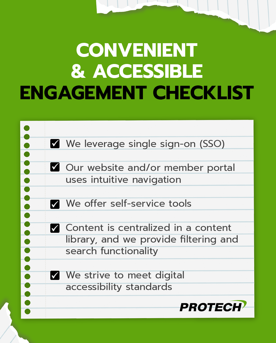 A checklist associations can follow to ensure engagement opportunities are convenient and accessible (detailed in text below).