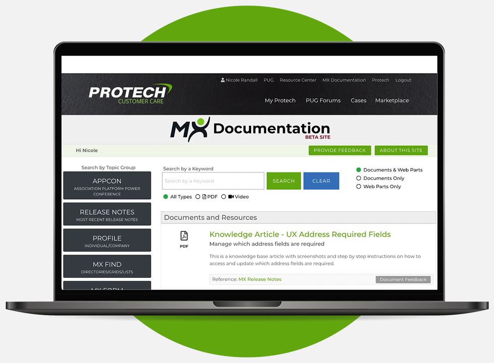 A screenshot of Protech’s MX Documentation Site.
