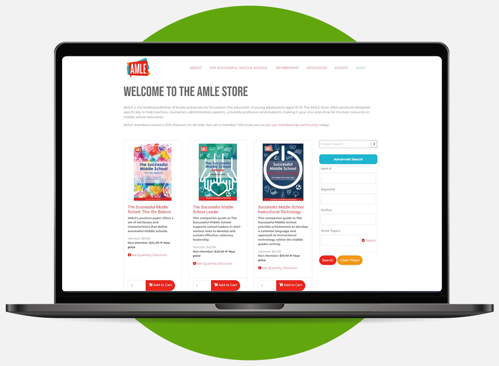 A screenshot of an online store for Protech’s client, AMLE.