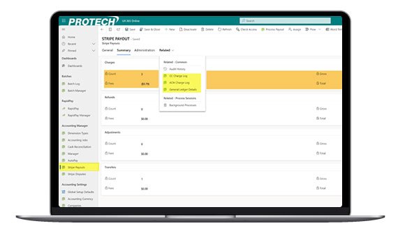 A screenshot of the Protech Payments interface depicting a summary of payments.